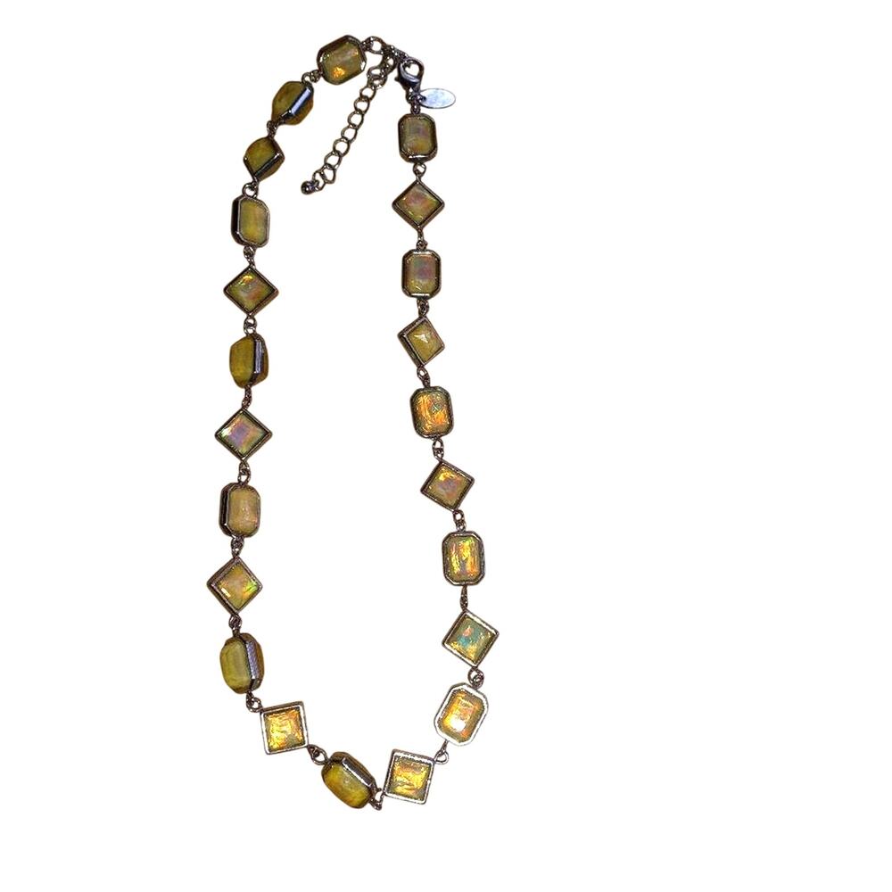 Iridescent Stone Silver Toned Matinee Necklace Length 21"